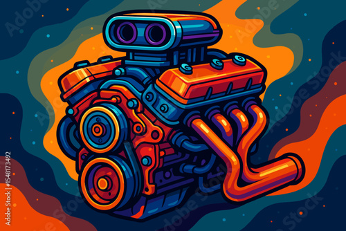 Colorful cartoon hot rod engine vector illustration. Powerful V8 motor with supercharger for muscle car. Automotive performance and speed concept for garage logo, t-shirt print, sticker.