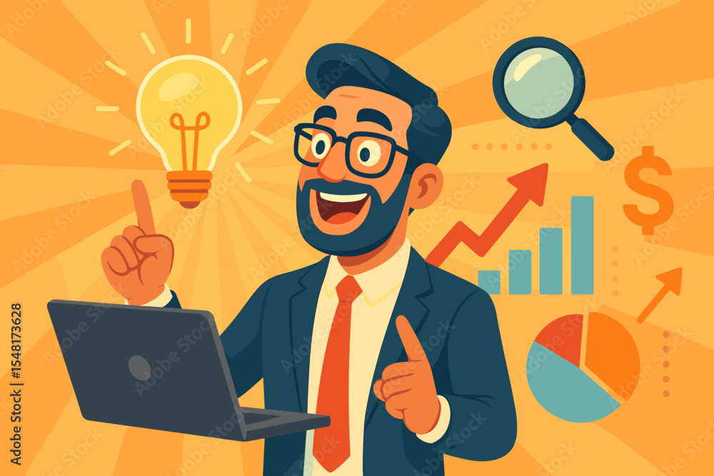 Businessman gets a creative idea for business growth and financial success. Visionary entrepreneur with laptop pointing at light bulb. Innovation, strategy, and research concept. Vector illustration. Businessman gets a creative idea for business growth and financial success. Visionary entrepreneur with laptop pointing at light bulb. Innovation, strategy, and research concept. Vector illustration.