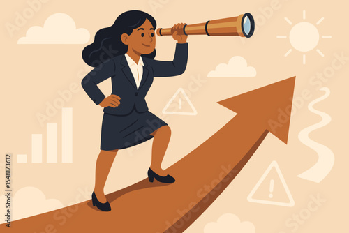 Businesswoman on a mountain with a telescope searching for opportunities. Concept for vision, leadership, strategic planning, foresight, future success, career growth, and forecasting.