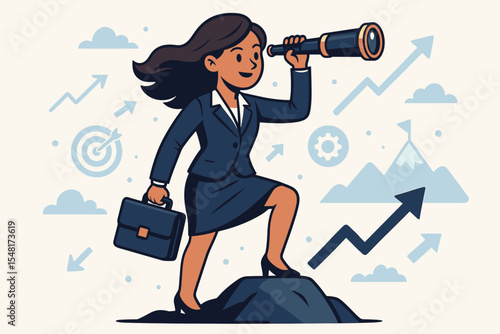 Visionary businesswoman standing on peak with telescope and briefcase foreseeing future opportunities and navigating challenges. Strategic planning, leadership foresight, goal achievement
