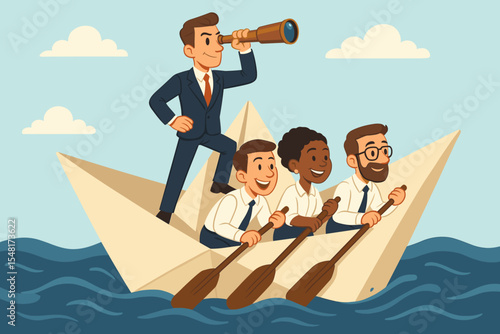 Business leader with spyglass on paper boat leads a diverse team rowing to success. Corporate teamwork, vision, and navigation concept. Vector cartoon metaphor for progress.