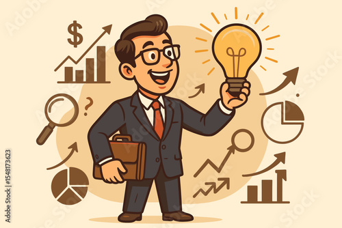 Business idea concept. Cartoon entrepreneur holding a lightbulb. Innovation and creativity for business growth. Financial success with chart, graph, analytics. Vector character.
