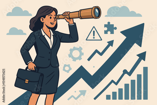 Visionary businesswoman with telescope forecasting future market opportunities and navigating challenges. Strategic planning and foresight concept. Business growth, leadership, success illustration.