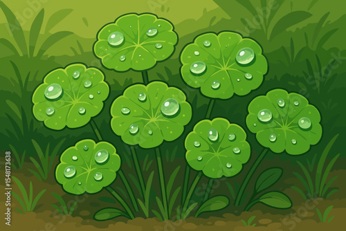 Water pennywort leaves with dew drops after rain. Gotu kola or Centella asiatica plant cartoon vector illustration. Fresh green foliage in a natural garden setting. Herbal, botanical concept.