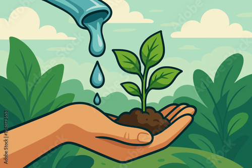 Hand nurturing a green sprout with water, symbolizing growth and environmental conservation. Concept of planting, agriculture, and caring for nature. Vector cartoon illustration for ecology.