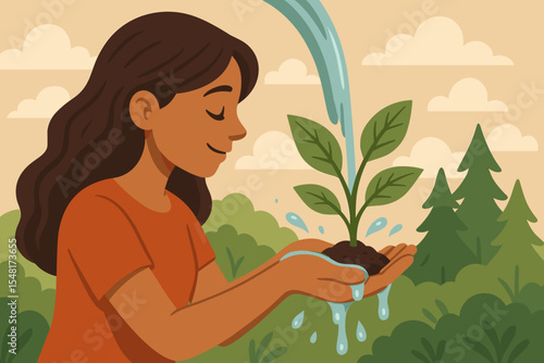 Woman nurturing a green plant with water. Concept of environmental conservation, sustainability, and care. Vector illustration of growth, reforestation, and protecting nature.