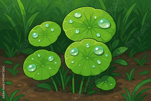 Fresh Water Pennywort leaves with shiny dew drops after rainfall in a natural garden. Vector cartoon illustration of green Hydrocotyle, Gotu Kola plant. Botanical nature background.