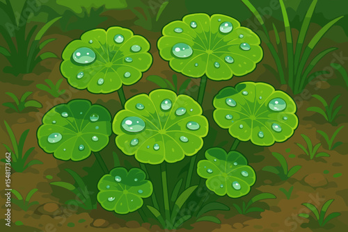 Cartoon vector illustration of Water Pennywort, Gotu Kola. Fresh green Centella asiatica plant with morning dew drops. Natural herbal leaves after rain in garden. Botanical art.