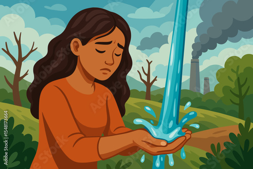 Sad woman catching precious water in a polluted landscape. Concept of environmental issues, water scarcity, climate change, pollution, and conservation. Nature vs industry vector.