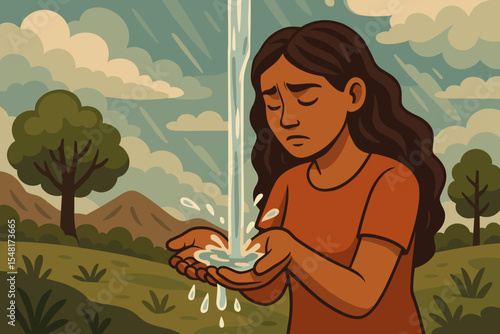 Sad woman catching pouring water in cupped hands in nature. Concept of water scarcity, drought, and climate change. Vector illustration symbolizing environmental issues and poverty.