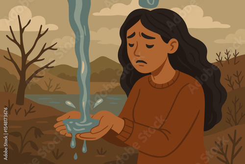 Vector illustration of water crisis and drought. Sad woman catching precious pouring water in cupped hands. Concept of climate change, environmental issues, and arid landscape.