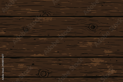 Dark brown wooden texture vector background. Rustic weathered wood planks surface with old, distressed grain and knots. Cartoon illustration of aged timber wall or floor panel.