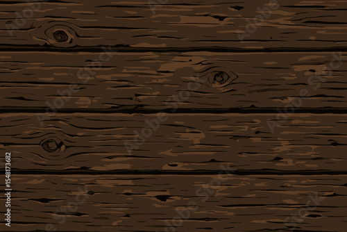 Dark brown wooden texture background. Vector illustration of weathered and distressed rustic wood planks. Old vintage timber board surface with grain and knots for floor or wall.