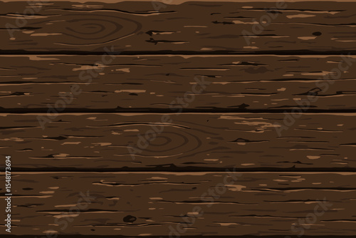 Weathered dark brown wood texture vector background. Rustic illustration of old distressed wooden planks. Cartoon timber paneling or floorboards with natural grunge grain pattern.