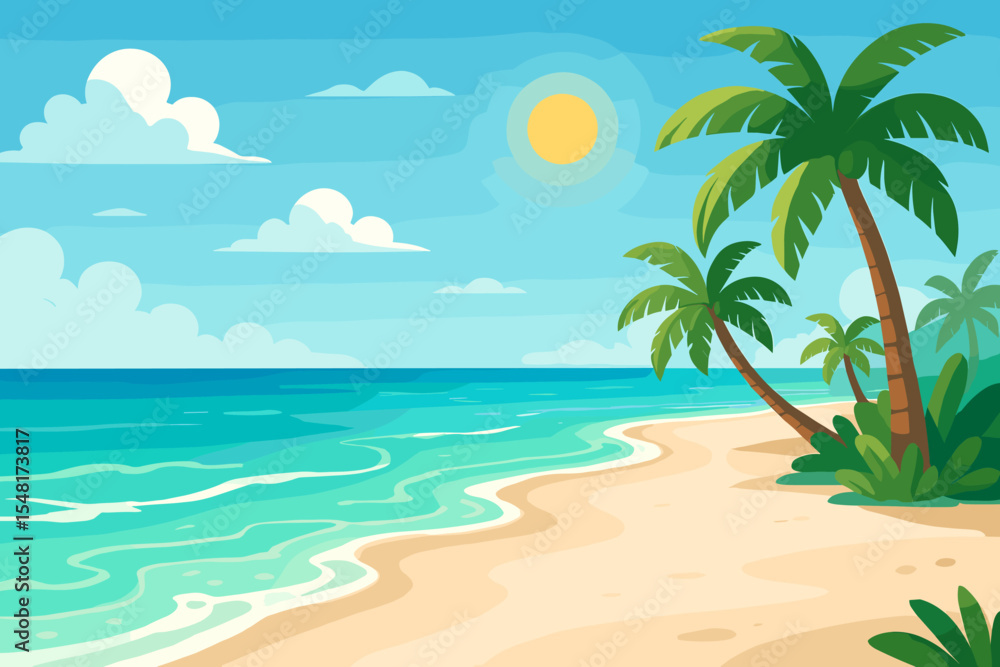 Fototapeta premium Tropical white sand beach with crystal clear turquoise water, gentle ocean waves, sunlit sky, lush green palm trees on shore, summer vacation paradise, coastal nature scenery, vector illustration