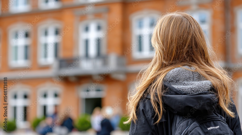 Teen girl with backpack stands in front of an old brick school, suggesting return to school or academic setting. Teen girl with backpack stands in front of an old brick school, suggesting return to school or academic setting.