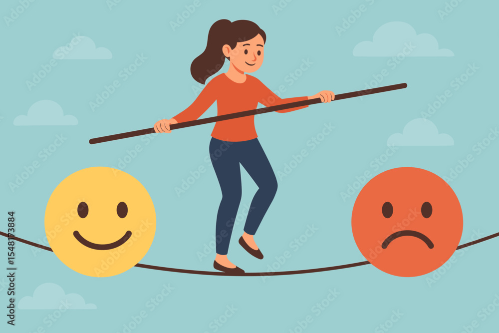 custom made wallpaper toronto digitalVector cartoon of a woman balancing on a tightrope stretched between a happy face and a sad face. Mental health balance concept. Emotional well-being, stress management, mood stability, mindfulness.