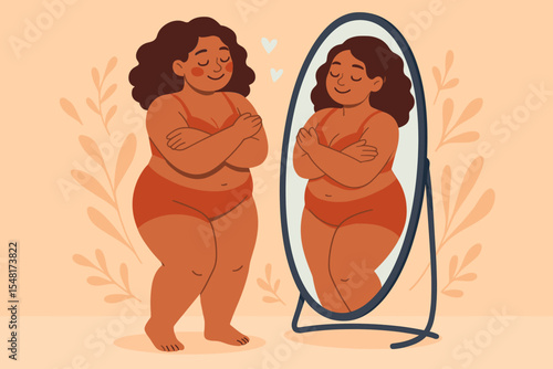 Plus size woman admiring her reflection in full length mirror with arms crossed in self hug, body positivity concept, self love empowerment illustration, confident curved body acceptance vector