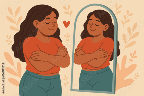 Body positive woman smiling at her reflection in the mirror. Self-love, confidence, and self-esteem concept. Happy girl hugging herself. Mental health and self-care vector illustration.