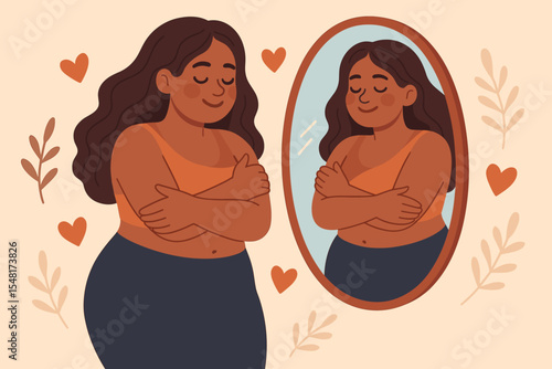 Plus size woman embracing self-love and body positivity while admiring reflection in mirror with hearts and foliage. Illustration of self acceptance, confidence, empowerment and mental wellness
