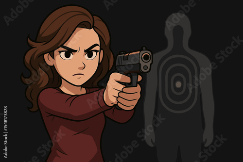 Female shooter aiming pistol at silhouette target in dark range. Vector cartoon illustration of focused woman practicing handgun marksmanship and firearm training for self-defense skills.