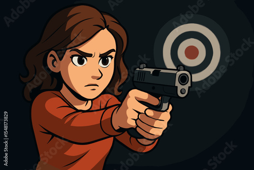 Determined woman aiming handgun at bullseye target on dark background. Vector cartoon illustration of female shooter practicing marksmanship. Focused pistol shooting, target practice concept
