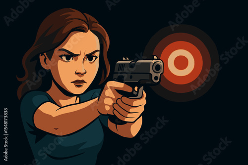 Focused female shooter firing pistol at red target in dark shooting range. Vector cartoon illustration of woman practicing precision marksmanship, firearm training, self-defense, handgun practice