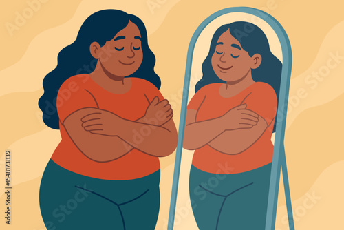 Body positive curvy woman embracing her reflection in the mirror. Concept of self-love, self-care, and acceptance. Mental health, wellbeing, and happiness. Vector cartoon illustration.