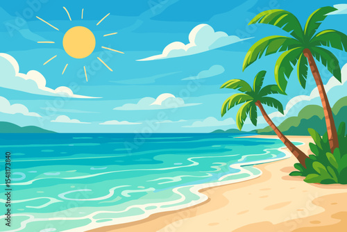Bright tropical beach with white sand shoreline and crystal clear turquoise water under radiant sun. Palm trees on sandy coast. Seaside summer vacation landscape. Tropical ocean waves illustration