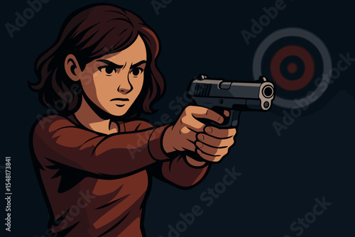Determined woman aiming handgun pistol at bullseye target in dark indoor shooting range. Cartoon vector illustration of female shooter practicing marksmanship with precision focus, training concept