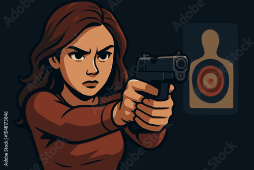 Determined female shooter aiming handgun at shooting range target silhouette in dark background, pistol practice training, marksman precision, firearm skill concept, cartoon vector illustration