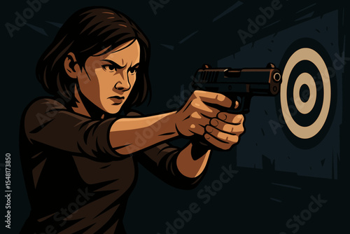 Woman Aiming Handgun at Target, Intense Focus and Determination in Dark Shooting Range. Vector Cartoon Illustration of a Confident Female Shooter Practicing Accuracy.
