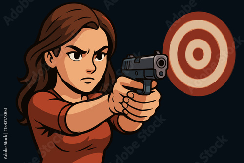 Female shooter aiming handgun at bullseye target illustration. Woman practicing marksmanship in shooting range, focused aim, pistol precision, target practice, concentration concept vector