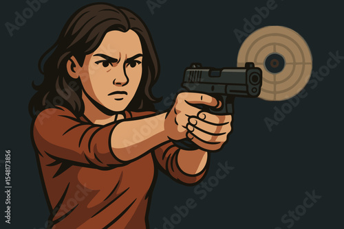Vector illustration of a confident woman aiming a semi-automatic pistol at a bullseye target against a dark backdrop, symbolizing precision shooting, target practice, marksmanship training.