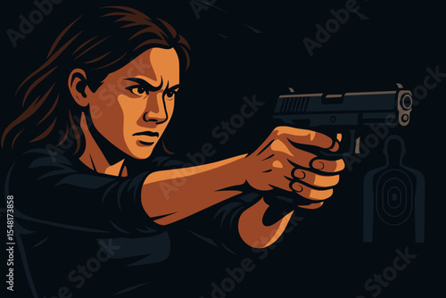 Woman aiming a gun at a target in a dark setting, intense focus and determination, vector cartoon illustration.