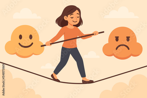 Emotional balance concept illustration. Woman walking tightrope between happy cloud and sad cloud. Mental health, emotion stability, mindfulness, resilience, anxiety and depression awareness.