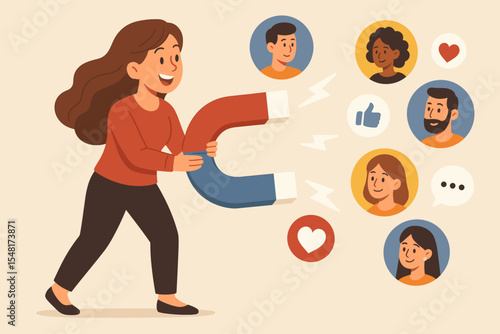 Concept cartoon illustration of a woman holding a giant magnet to attract social media followers and customers. Digital marketing concept with hearts, likes, comments, avatars, customer engagement.