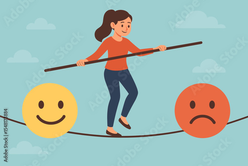 Vector cartoon of a woman balancing on a tightrope stretched between a happy face and a sad face. Mental health balance concept. Emotional well-being, stress management, mood stability, mindfulness.
