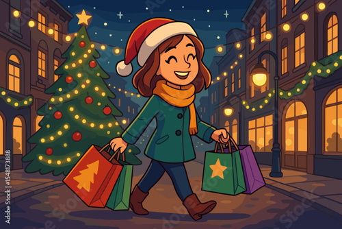 Young woman in a Santa hat carries Christmas shopping bags along an illuminated city street at night in a winter holiday shopping scene with twinkling lights and Christmas tree.