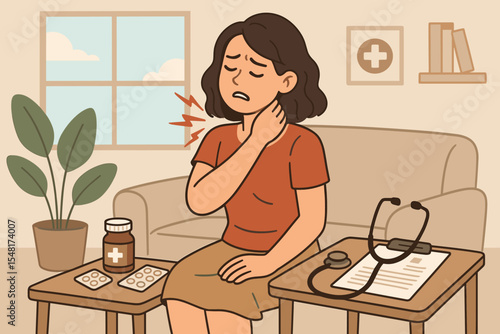 Woman Experiencing Neck and Shoulder Pain at Home, Seeking Relief Through Healthcare and Medical Treatment for Chronic Discomfort. Vector Cartoon Illustration.