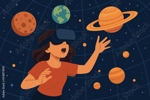 Immersive virtual reality planetarium exploration by amazed young woman wearing VR headset surrounded by planets stars galaxy cosmos digital simulation technology cartoon vector illustration