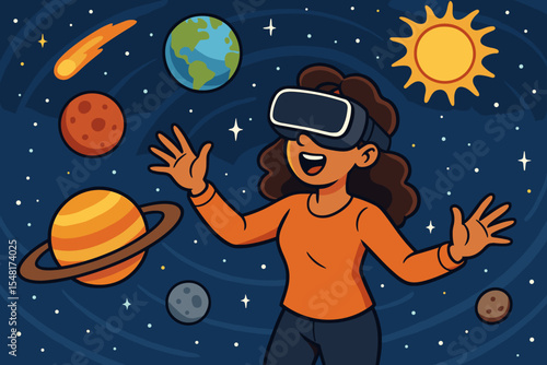 Woman wearing VR headset exploring immersive virtual reality planetarium with planets Saturn Mars Earth Sun stars comet and galaxy. Cartoon vector illustration of space exploration amazement wonder