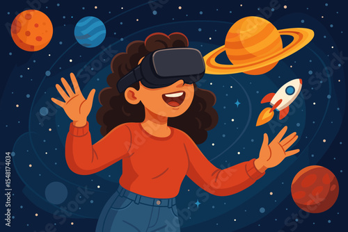 Immersive virtual reality planetarium adventure with woman wearing VR headset exploring cosmic simulation, cartoon vector illustration of galaxy, planets, stars and rocket, amazed wonder concept