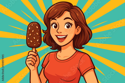 Happy smiling woman holding chocolate coated almond ice cream bar. Retro pop art sunburst background. Cartoon vector illustration of summer dessert treat enjoyment and snack time fun.