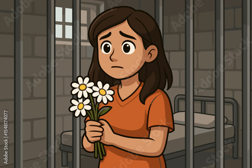 Female prisoner in orange uniform holding white daisy flowers inside a dim prison cell. Symbol of hope, resilience and optimism behind bars. Vector cartoon illustration of confinement and courage.