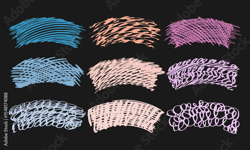 Nine arced textured backgrounds for lettering. Doodles and squiggles. Vector set