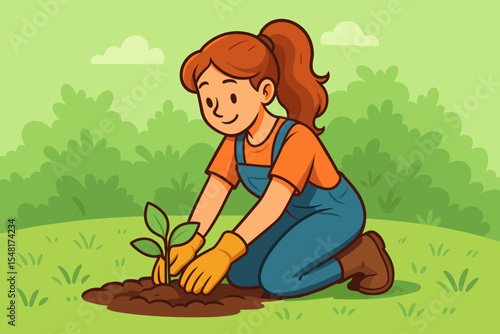 Young woman planting a small seedling in rich garden soil nurturing plant growth. Eco gardening vector illustration of female gardener cultivating green sapling outdoors in nature environment.