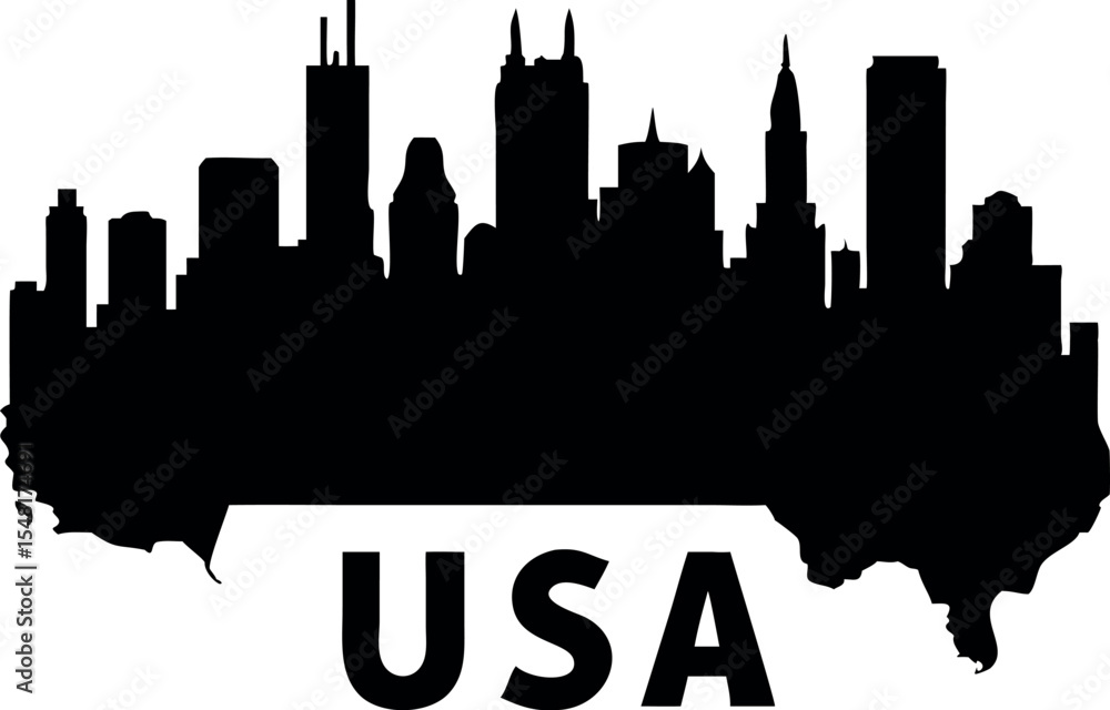 Obraz premium USA Map Silhouette with City Skyline Vector – Iconic American Cityscape