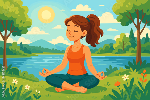 Serene woman practicing yoga meditation in lotus pose by a tranquil summer lake with mountain forest scenery wellness mindfulness nature relaxation healthy lifestyle outdoor vector illustration