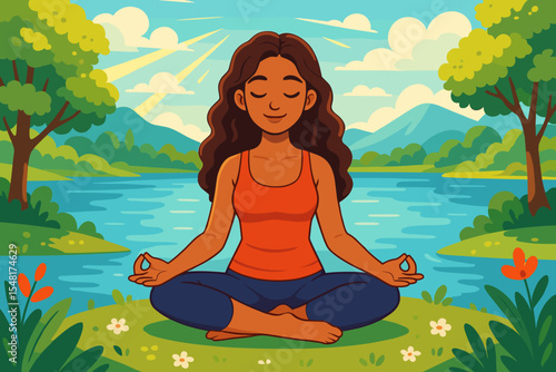 Woman practicing yoga lotus pose meditation by peaceful lake in summer nature landscape. Mindfulness wellness concept. Relaxation tranquility vector cartoon illustration with mountains background